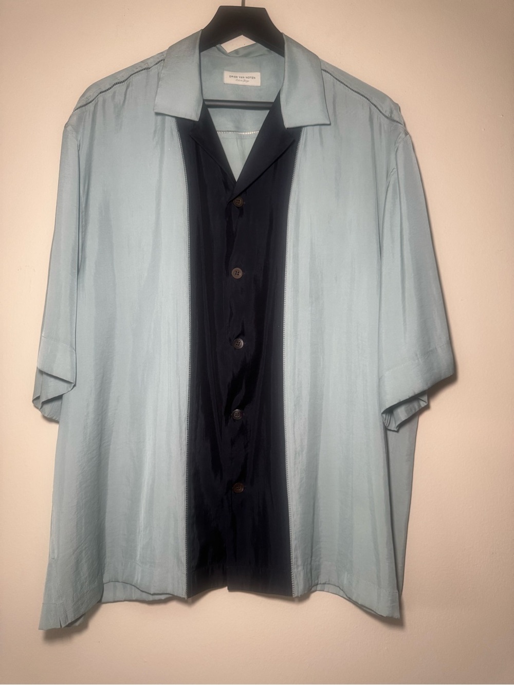 Dries Van Noten Light Blue and Navy Short-Sleeve Camp Shirt Jacket